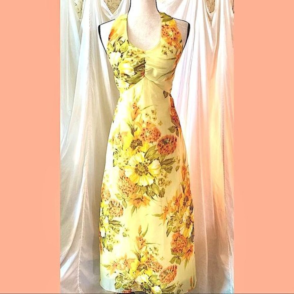 Vintage 70s Rhapsody Halter Organza Maxi Dress ILGWU Floral Yellow 28" Waist